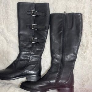 Ecco Black Leather Knee-High Riding Boots with Buckles